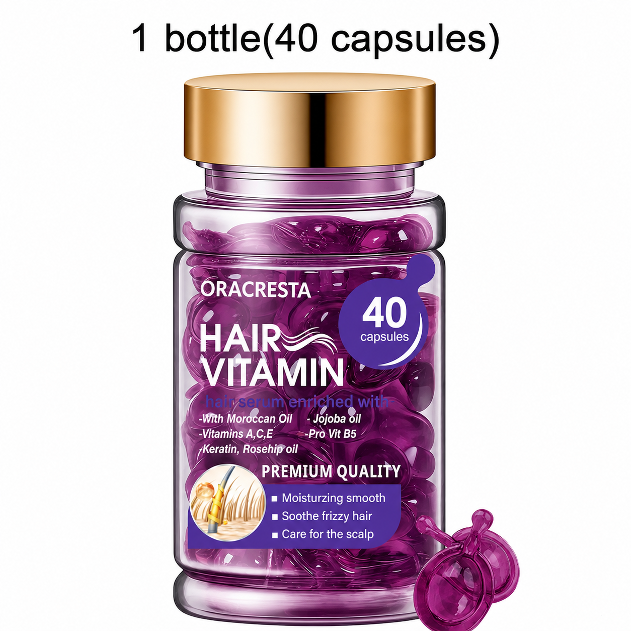 Hair Vitamin Capsules with Argan Oil & Keratin — Smooths Frizz, Restores Shine | 40 Caps
