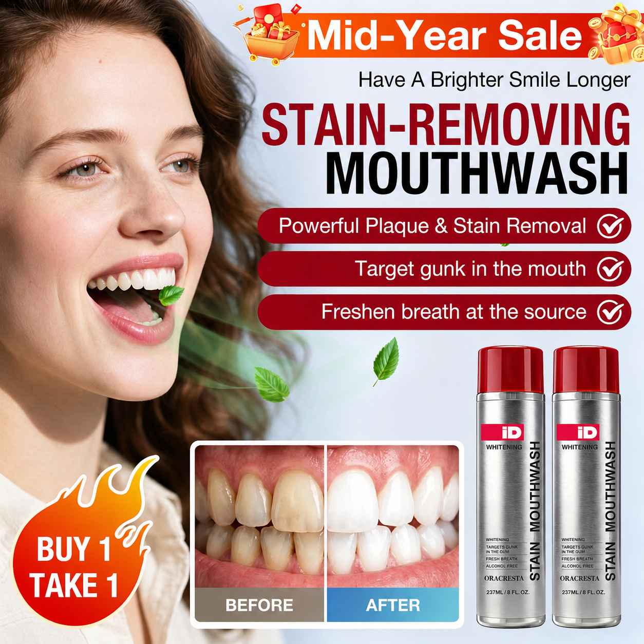 Mid-year promo Buy 1 Take 1 – 3 in 1 Stain-Removing Mouthwash -Freshens breath / Removes hidden gunk / Helps maintain white teeth - Refresh mouth in 30 seconds