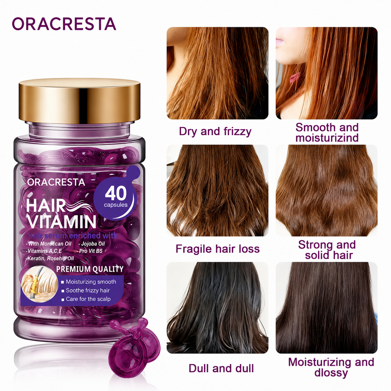 Hair Vitamin Capsules with Argan Oil & Keratin — Smooths Frizz, Restores Shine | 40 Caps
