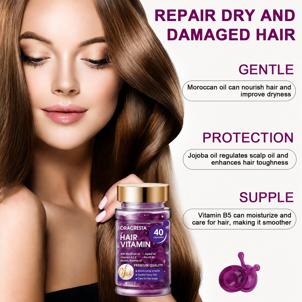 Hair Vitamin Capsules with Argan Oil & Keratin — Smooths Frizz, Restores Shine | 40 Caps