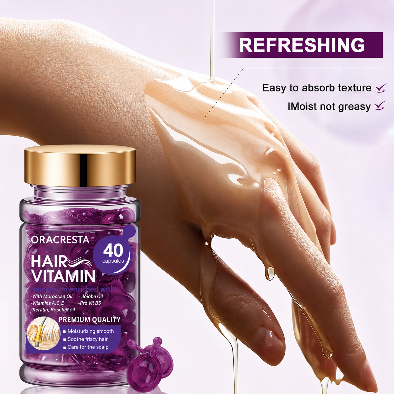 Hair Vitamin Capsules with Argan Oil & Keratin — Smooths Frizz, Restores Shine | 40 Caps