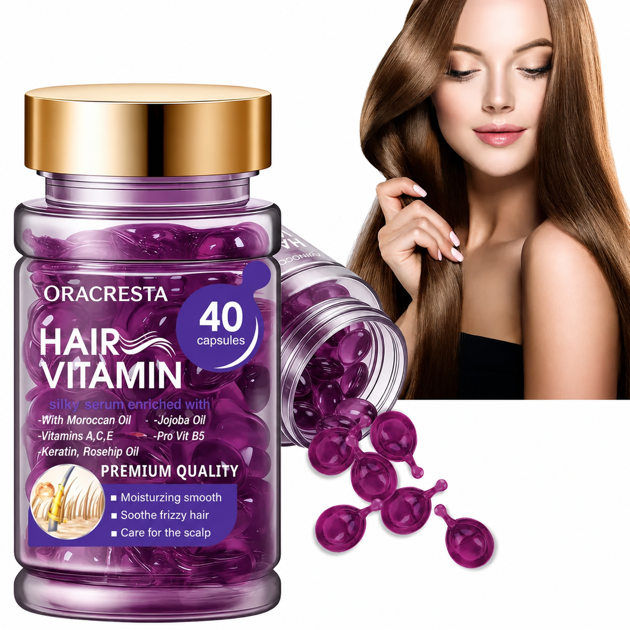 Hair Vitamin Capsules with Argan Oil & Keratin — Smooths Frizz, Restores Shine | 40 Caps