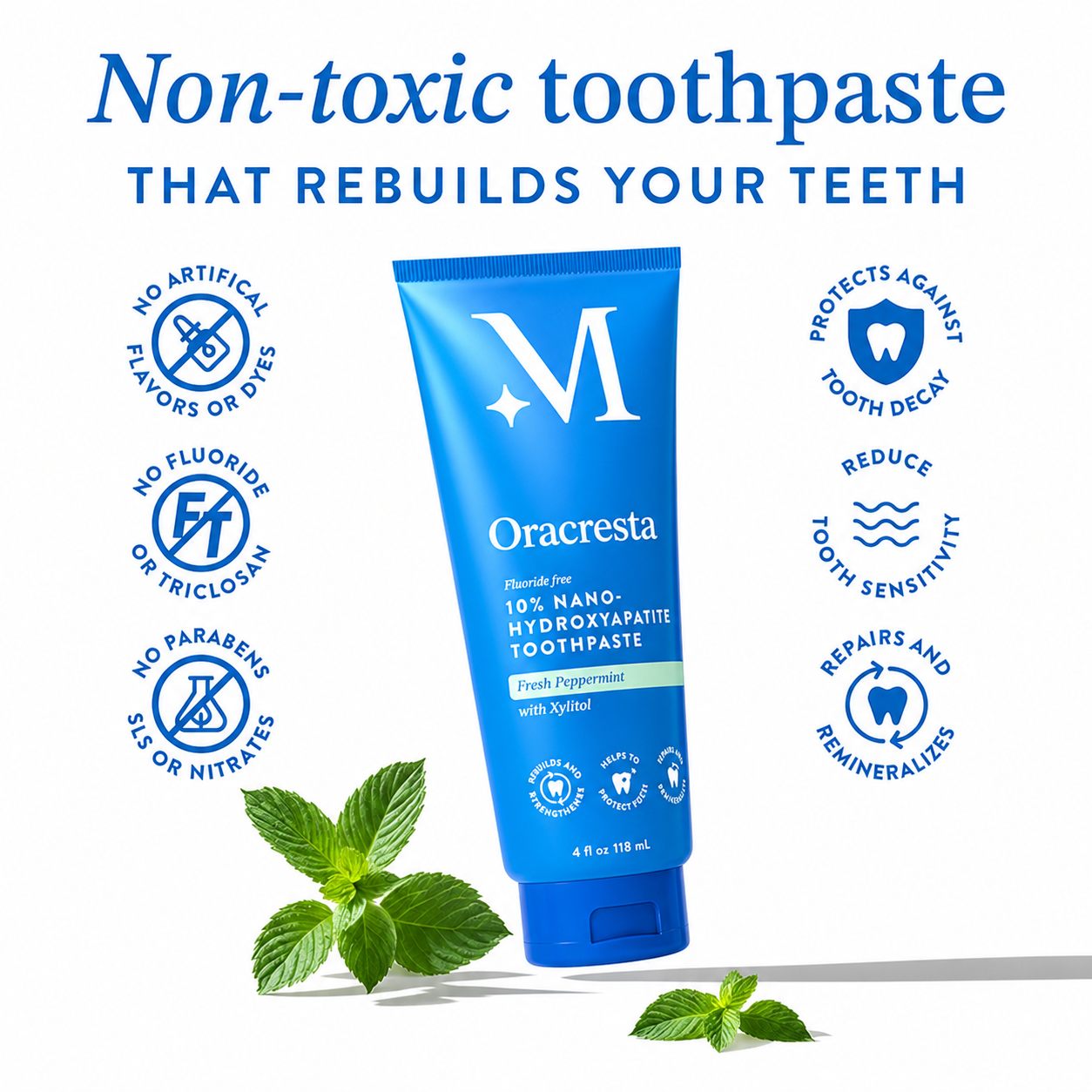 Oracresta™ 10% Nano Hydroxyapatite Toothpaste - Whitening, Repair, Fresh Peppermint, Sensitive Teeth Relief,  Safe for All, Ultimate Oral Care