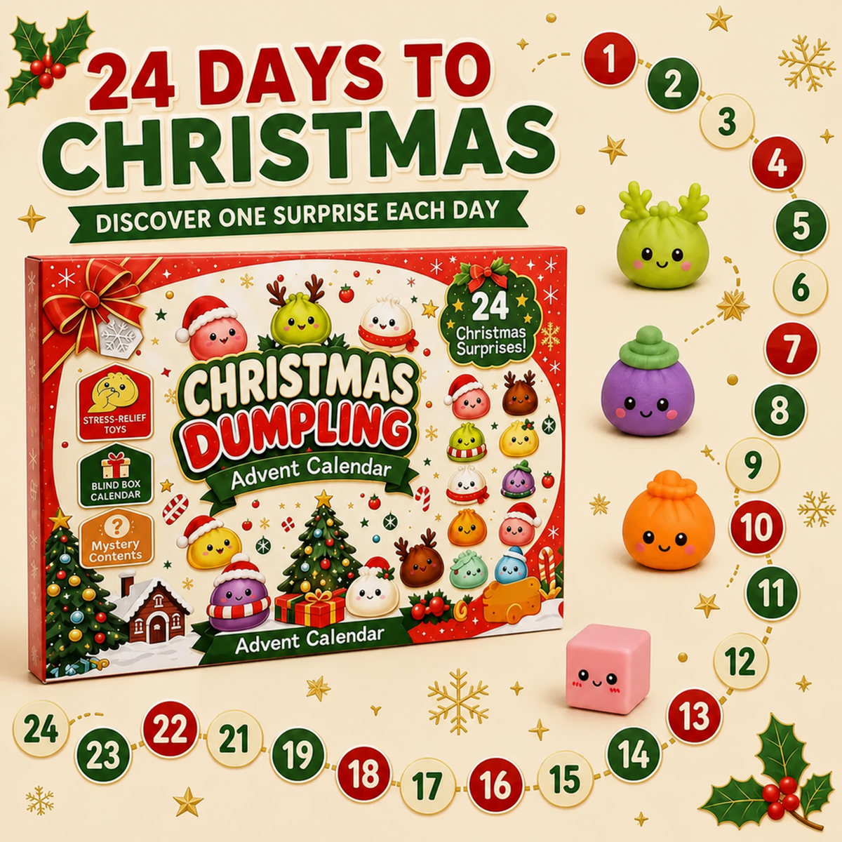 Christmas Mini Squishies Advent Calendar 2026, 24-Day Dumpling Squishy Toy Countdown Calendar with Glitter Squeeze Toys, Holiday Gift for Kids